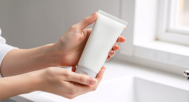 Hands holding a white cosmetic tube of cream or lotion. Skincare product for daily personal care in a bathroom setting