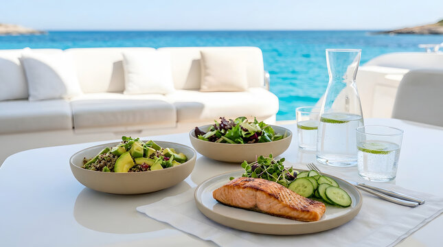 Seafood plates, salad, water, and tableware arranged in a yacht lounge with blue sea view, presenting fresh dining and premium summer travel
