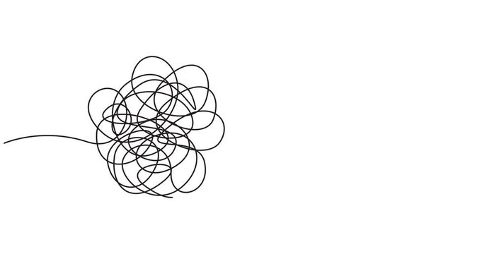 Self drawing animation of continuous one line drawing Chaotically tangled line and untied knot in form of circle. Full length single line animation, minimalist pro vector untied knot in form of circle