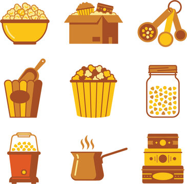 Collection of popcorn related icons, including a bowl, box, measuring spoons, movie theater bucket, cupcake liner, jar, popcorn machine, cooking pot, and stacked containers, all in a warm, flat