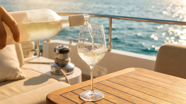 White wine being poured into a glass on a yacht table beside sparkling sea water, presenting refreshment, hospitality, and luxury travel leisure