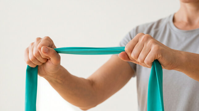 Rehabilitation. Woman Resistance Pull for Arm Strength Training