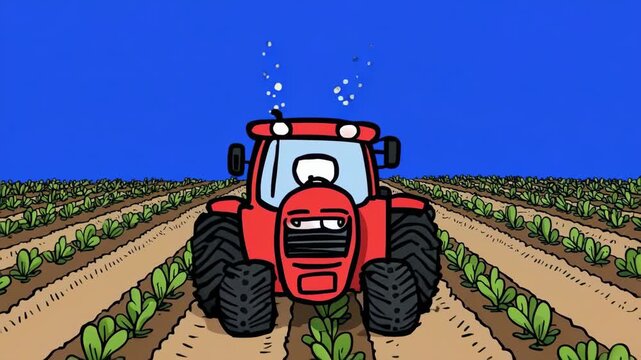 Red tractor plowing a field of crops with blue sky and green rows
