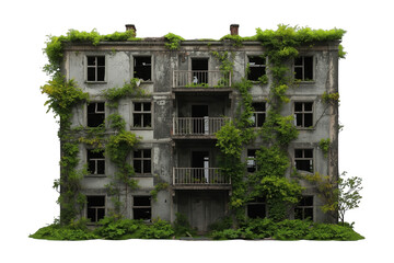 Fototapeta premium Old derelict apartment facade with balconies and vines