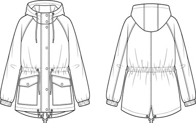 Flat sketch of a casual hooded parka jacket with a drawstring waist for apparel design © Mst jesmin