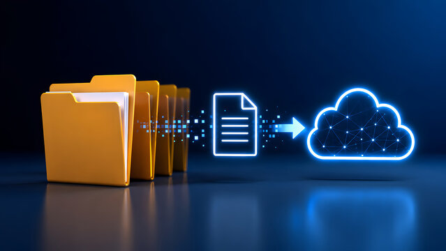 Digital data migration and cloud storage document archiving concept.