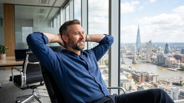 Successful businessman relaxing in office chair with hands behind head overlooking city skyline view