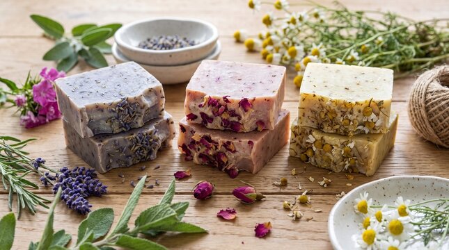 Handmade natural bar soaps with floral and herb infusions on rustic wooden