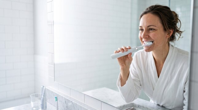 Woman in bathrobe brushing teeth with electric toothbrush in modern bathroom reflected in mirror