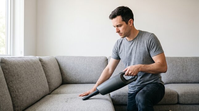 Man vacuuming a grey fabric sectional sofa with a handheld cordless vacuum cleaner in a bright living room