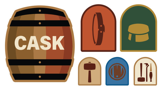 Vintage wooden cask and cooperage tool icons, rustic brewery barrel vector set, traditional woodworking equipment for distillery branding