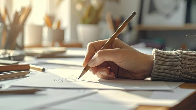 Close-up of Creative Hand Drawing Sketch on Paper with Pencil