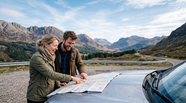 Couple happily planning road trip adventure using map in scenic mountain landscape