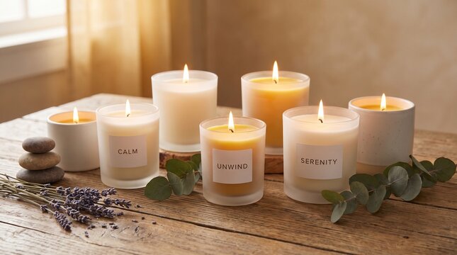 Group of lit scented candles with aromatherapy elements on wooden table