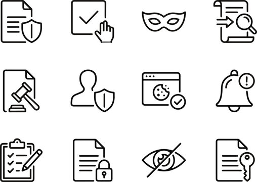 Privacy and data protection line icons, 12 security and legal compliance vector elements, internet safety and GDPR policy symbols