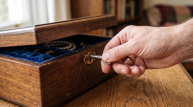 Hand inserting a key into a vintage wooden jewelry box with velvet lining and precious items inside