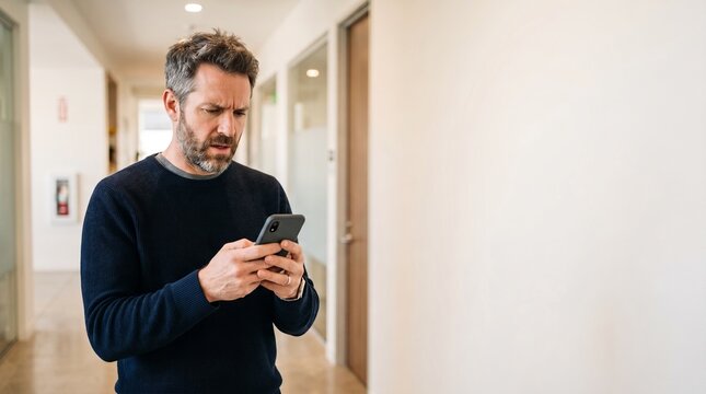 Middle aged man with beard looking confused at his smartphone in a modern office hallway