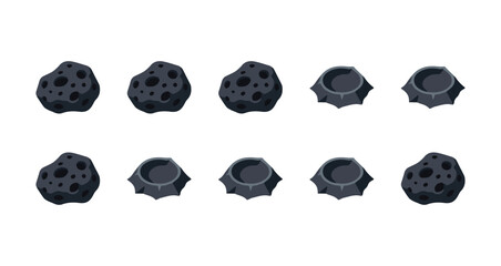 black meteorite asteroids with cratered surfaces set against white background isolated space objects collection © Fendik eps