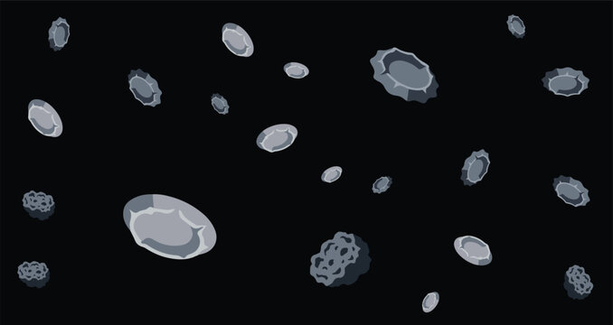 dark gray asteroids and meteorites floating in black space background