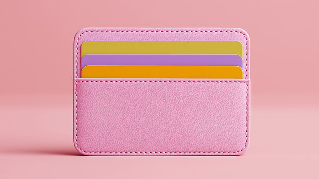 Pink leather cardholder with EMV chip and credit cards. Minimal pastel banking concept