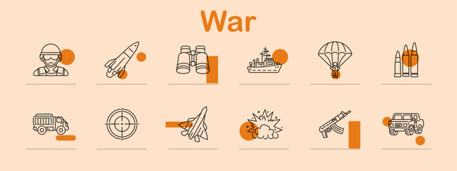 Obraz premium War set icon. Armed soldier, ballistic rocket, optical binoculars, naval battleship, airborne parachute, ammunition cartridges, transport truck, targeting scope, fighter aircraft, destructive blast