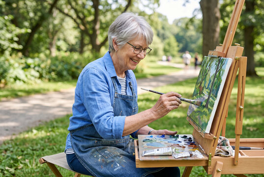 Senior woman painting outdoors leisure art activity in park for hobby background and retirement creative poster design
