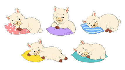 Fototapeta premium Cute sleeping alpaca characters resting on colorful pillows