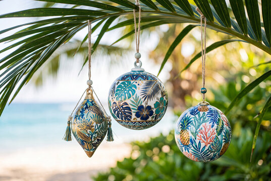 Tropical christmas ornament trio hanging from palm leaves with colorful festive patterns for holiday decoration background and beach celebration