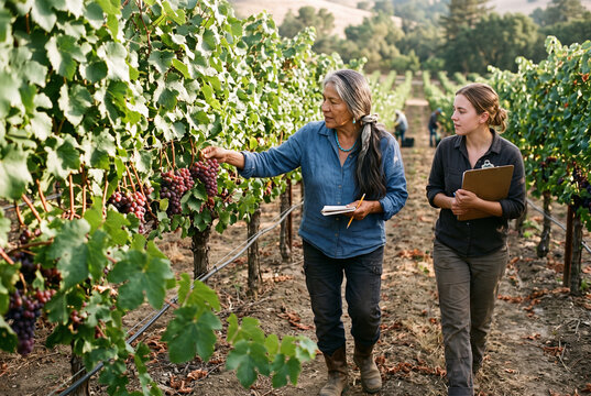 Vineyard growers inspecting grape bunches during harvest for viticulture quality control and agricultural training background