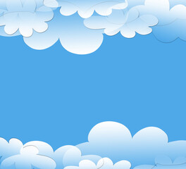 Blue sky background framed with soft white paper clouds. Cute illustration with copy space for invitations, posters, baby designs, banners and seasonal graphics. © MedReda