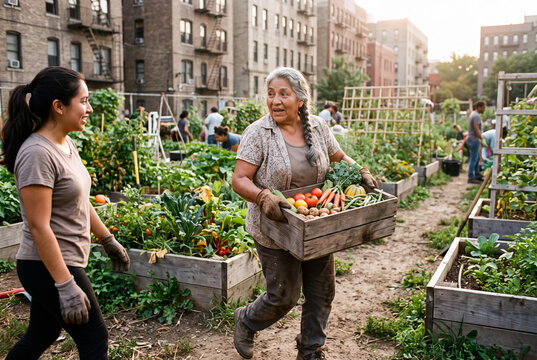 Urban community garden volunteers harvesting fresh vegetables for a sustainable food project background and community agriculture poster