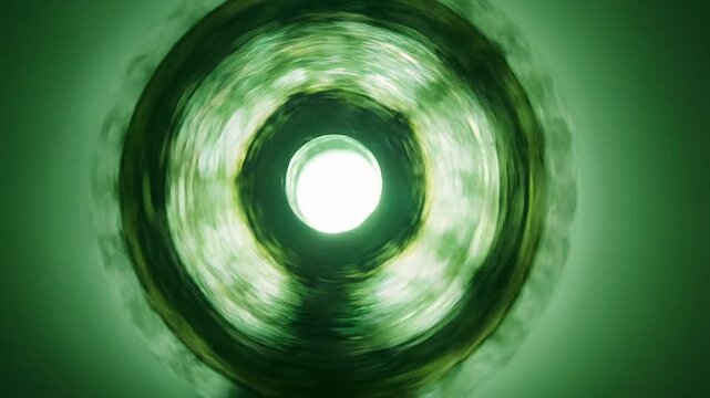 Circular motion of a green illuminated object captured from a central perspective, showcasing the gradual transition of light and texture in a continuous flow