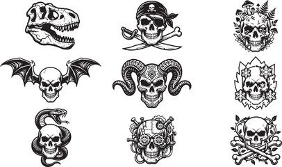 Fototapeta premium Vintage skull illustrations set, 9 black and white gothic skull icons, pirate and occult skeleton head vector graphics for tattoos and apparel
