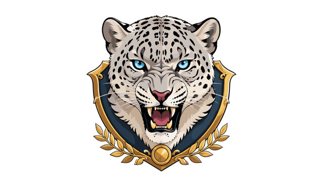 Roaring snow leopard head emblem with shield and laurel