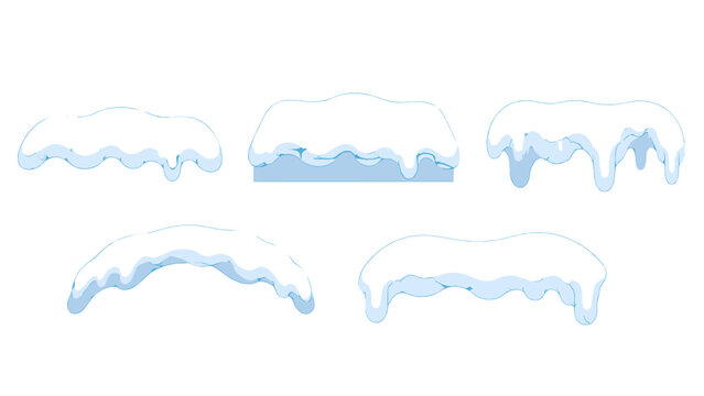 Set of blue melting snow caps and icy drips isolated