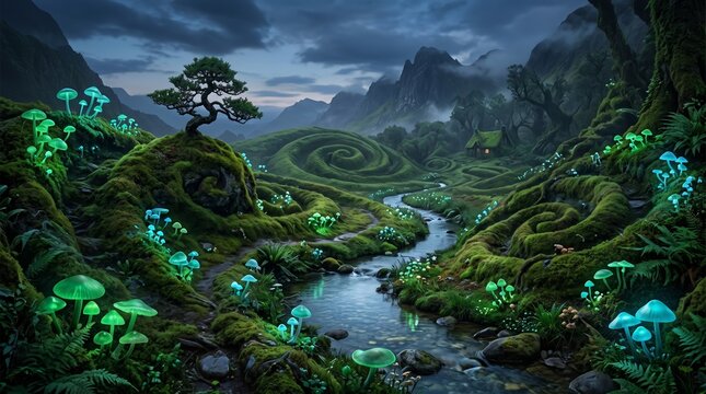 Fantasy landscape with glowing mushrooms along a river. Mossy hills and mountains in the background. Magical forest scene.