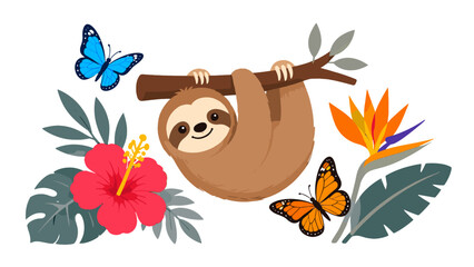 Fototapeta premium Cute sloth hanging from branch with tropical flowers