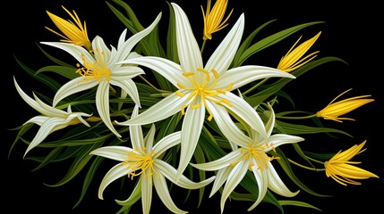 Fototapeta premium White wild flowers on black background. Botanical illustration of blooming spring herbs.