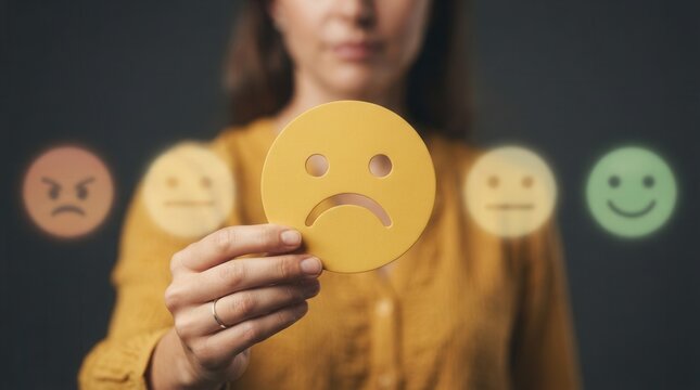 A hand holding a yellow sad emoji to manage customer questions and complaints effectively.
