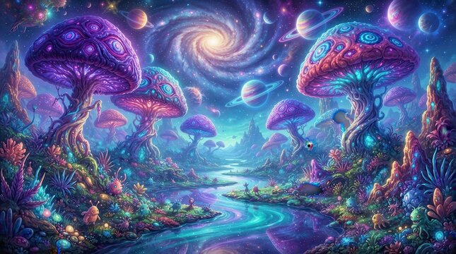 Fantasy world featuring strange flora and fauna with bizarre mushroom trees.