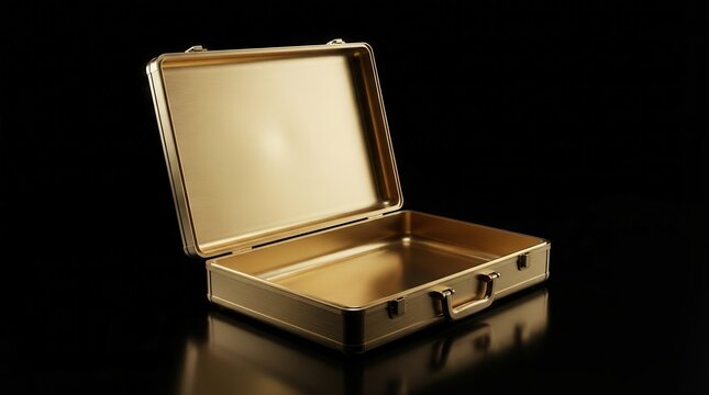 An open golden briefcase rests on a dark reflective surface.