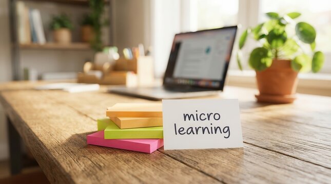 A white sticky note with micro learning text sits on a colorful stack on a wooden desk.