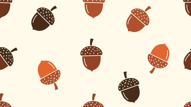 Acorn seamless pattern features various oak nuts in brown and orange colors on a cream background for autumn and nature-themed designs.