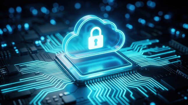 A glowing cloud with a padlock hovers over an intricate digital circuit board for data sovereignty.