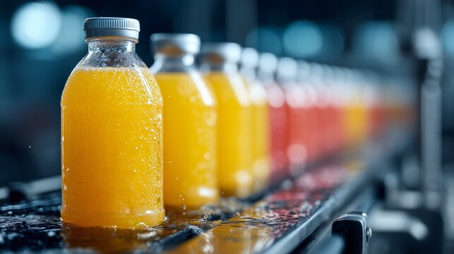 Juice bottles on the production line. A row of plastic containers with yellow and red drinks is moving along the conveyor.