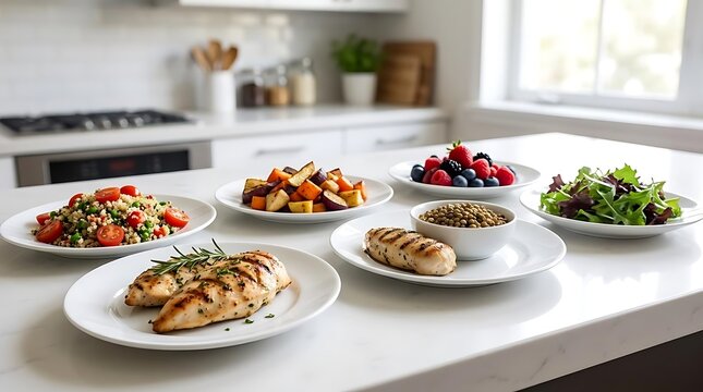 A healthy spread of nutritious meals displayed on a clean kitchen counter featuring a dietary restriction visual for balanced eating and lifestyle habits