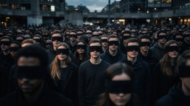 A diverse crowd of people wearing black blindfolds standing together.