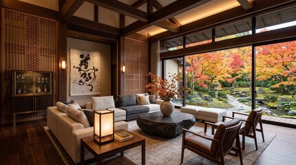 Fototapeta premium Luxury presidential suite reception salon with modular sofa and autumn garden view