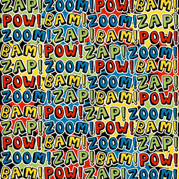 Comic book seamless typography pattern with colorful pop art words and speech effects. Fun repeating background for kids, comics, fabric, wallpaper, stationery and packaging.