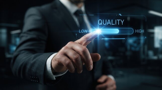 A businessman adjusting a slider to ensure high quality assurance and excellence service.